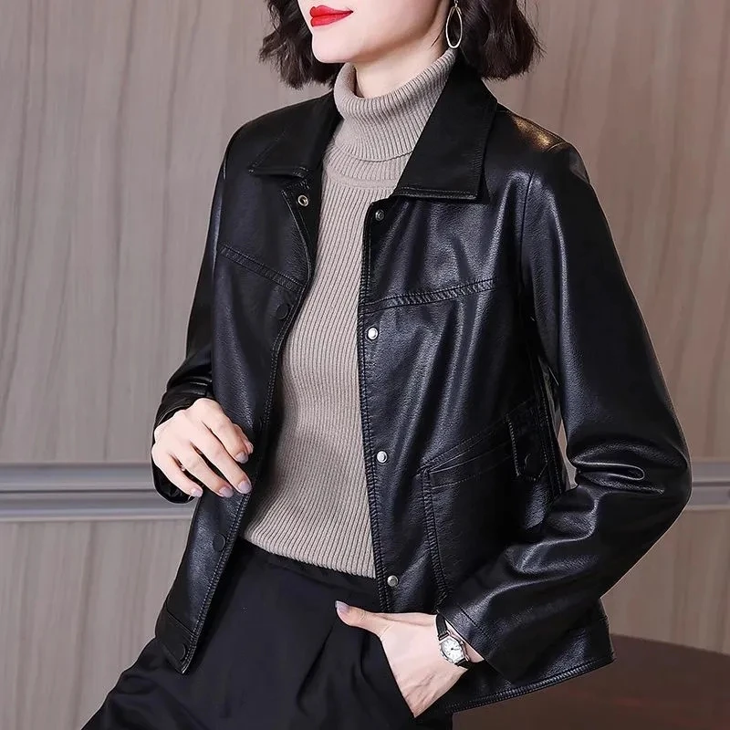 Autumn Winter Black PU Leather Coat Women Korean Fasgion Motorcycle Jacket High End Casual All-Match Faux Leather Overcoat 5XL