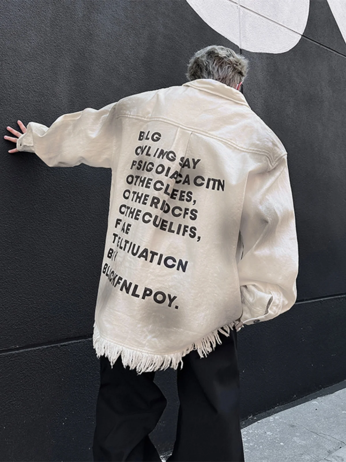 

Men's Letter Print Denim Jacket American Vibe Tear Frayed Spring Autumn Trend Loose Couple Clothes Long Sleeve Flip Collar