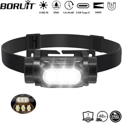 BORUiT HP130 3*LEDs 1150LM Headlamp Type-C Rechargesble Headlight with Magnet IP68 Waterproof Camping Fishing Head Torch