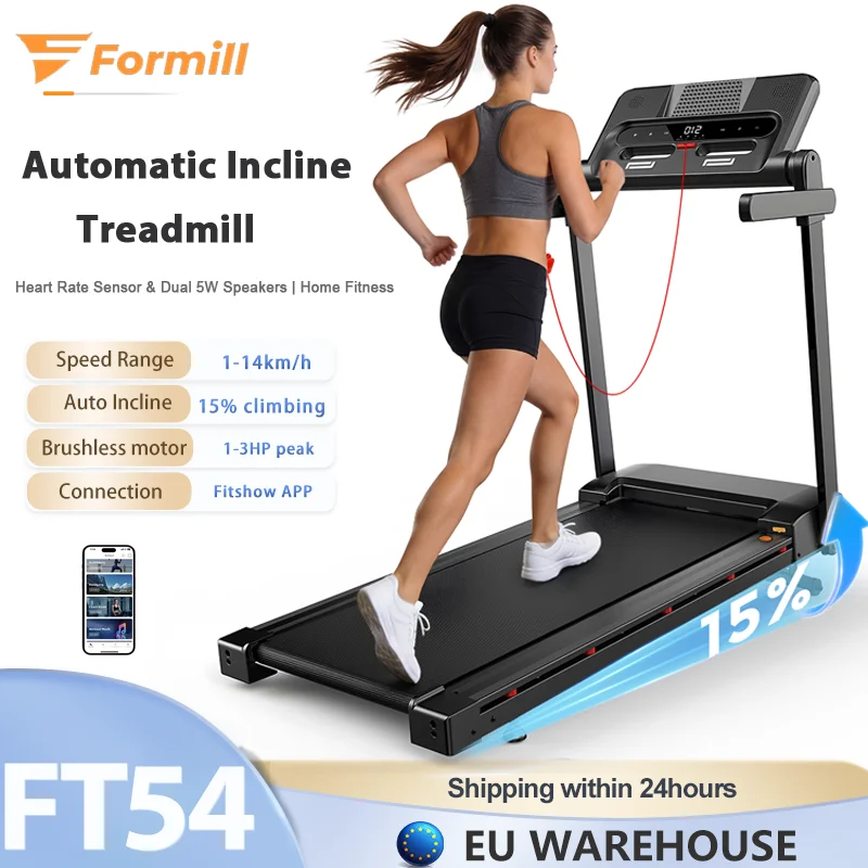 Esteira Automática Formill FT54 com Inclinação 1-14km/h, Alto-falante Bluetooth, App Fitshow, 1.0–3.0HP, Máquina de Corrida para Academia em Casa