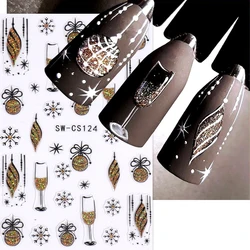 3D Blue Gold Glitter Christmas Nail Art Sticker Snowflake Star Bow Bell Wine Glass Gift Winter Xmas New Year French Manicure Tip