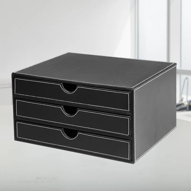 Business Office Documents Three-Layer Leather Storage Cabinet A4 Paper Chest Of Drawers High-End Office Creative File Cabinet