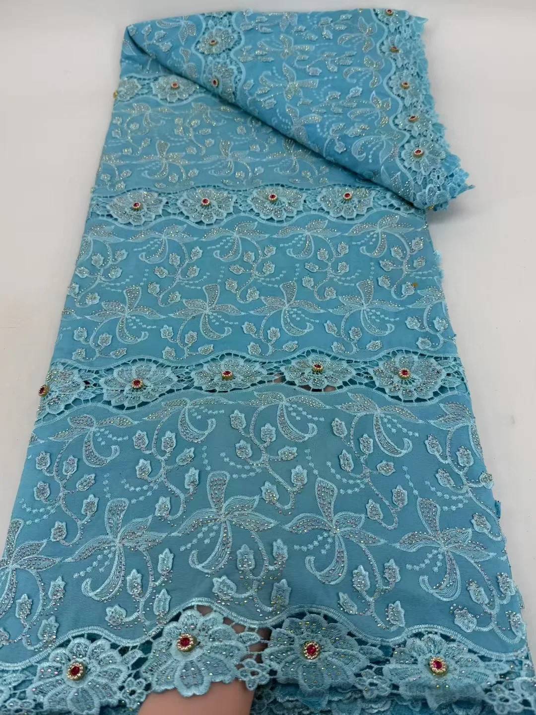 قماش دانتيل ترتر أفريقي فاخر 2026 تطريز عالي الجودة قماش دانتيل شيفون تول فرنسي لفستان سهرة الزفاف #2