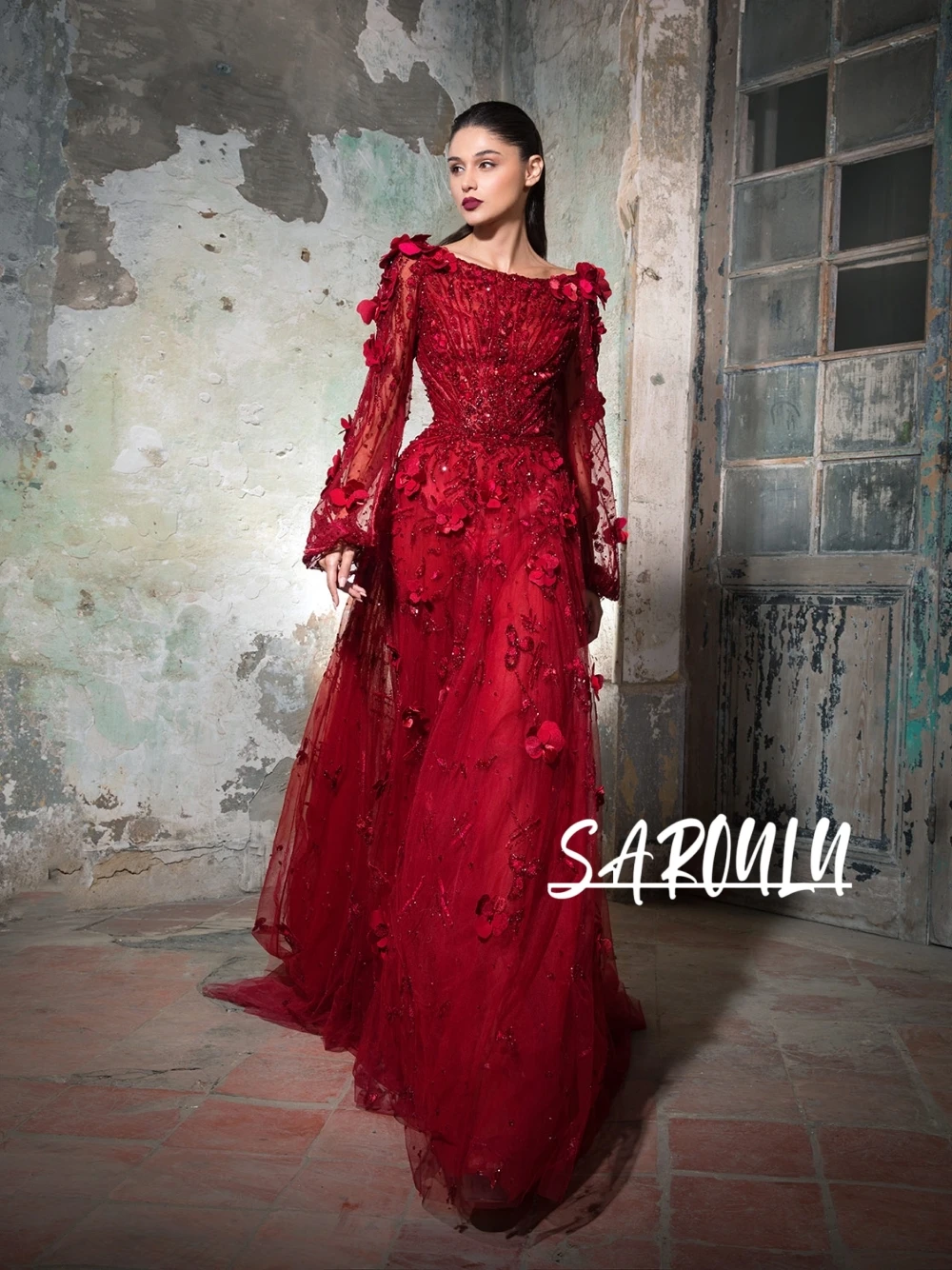 

Lively Red A Line Delicate Evening Dress Sparkling Flowers Illusion Sleeves Cocktail Gown Customized Dreamy Dancing Party Wear