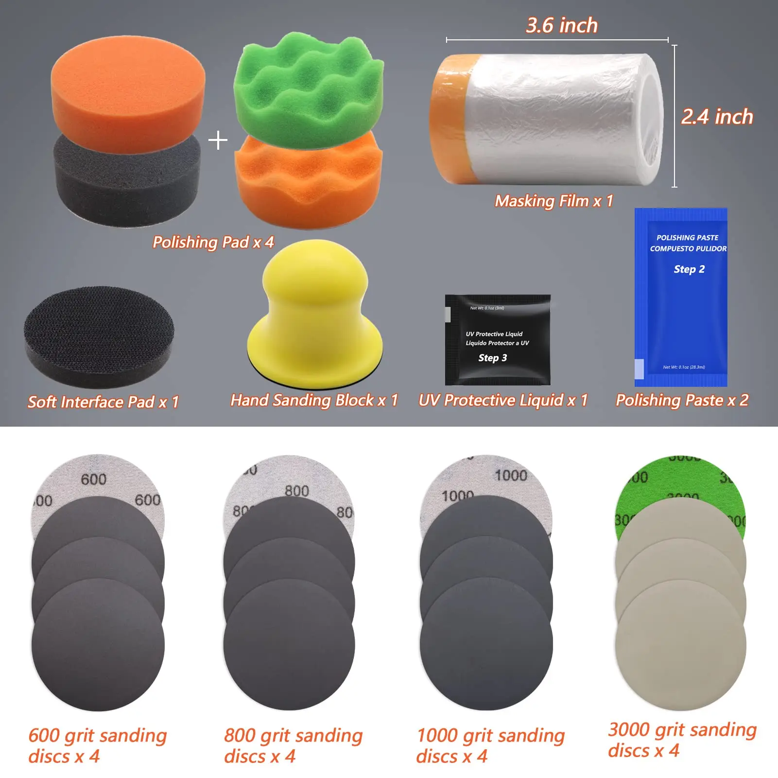 3 Inch Car Headlight Restoration Kit  26 Pcs Car Polishing Sanding Kit with Soft Foam Buffering Pad Hand Sanding Block Headlight