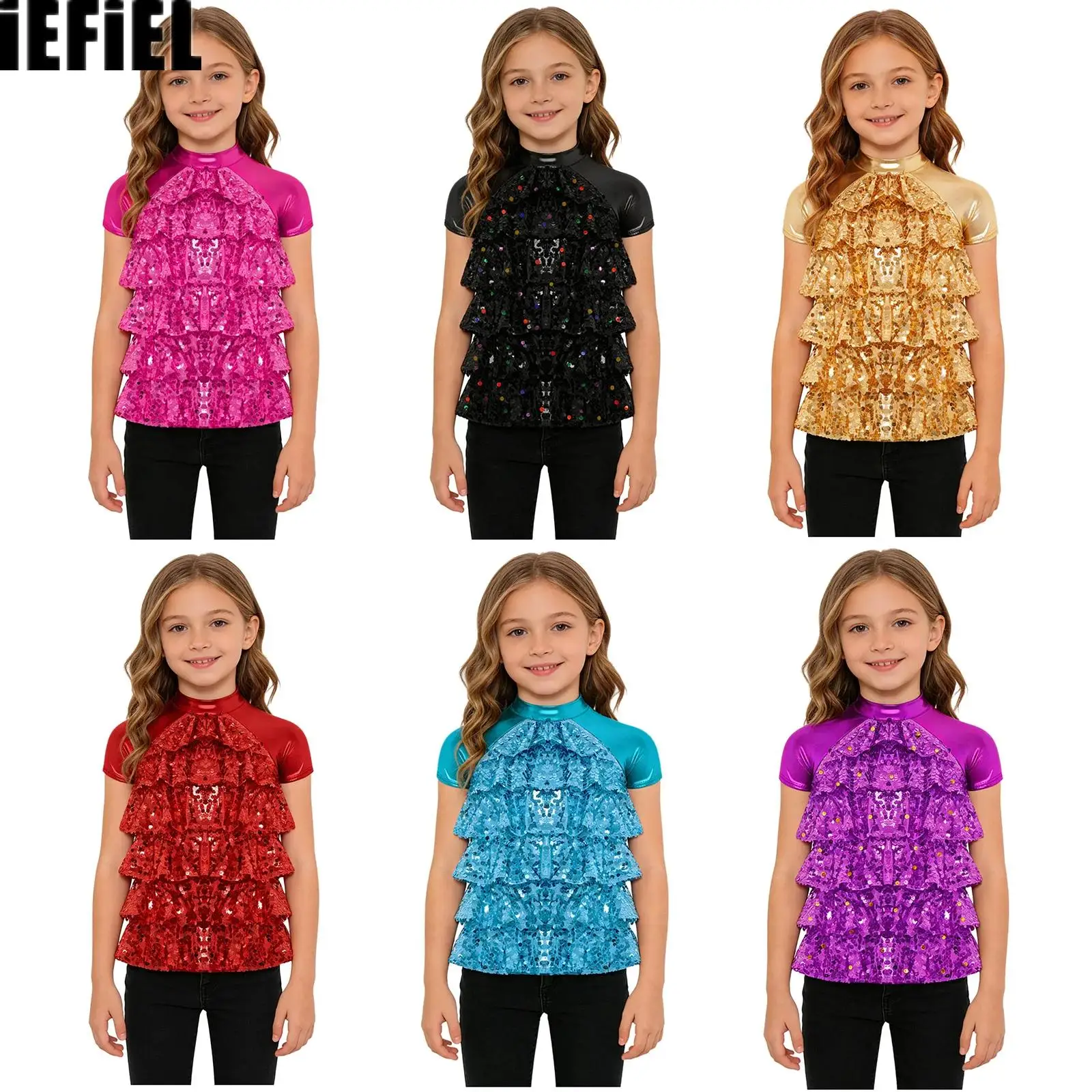 

Kids Girls Metallic Glossy Party Top Mock Neck Shiny Sequins Mesh Tiered Design Back Cut Top for Dance Performance