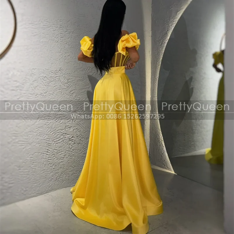 Abito da sera linea A giallo oro con maniche corte Abiti da ballo personalizzati con spacco laterale lungo e vita trasparente