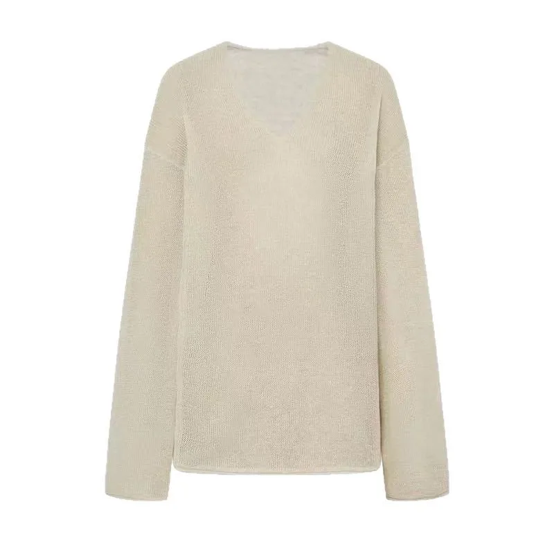 Camiseta larga holgada con aire acondicionado Sve V-Ne, Color puro, novedad de verano, Top de punto para mujer