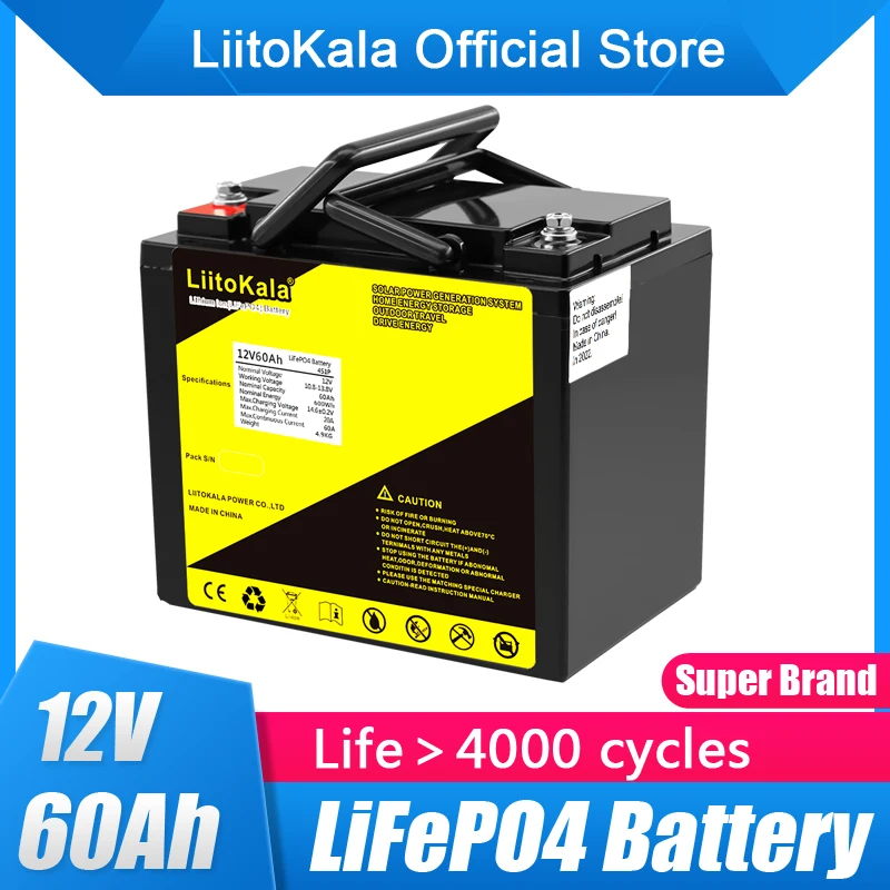 LiitoKala 12V 50ah 60ah Lithium 12.8V LiFePO4 Battery pack for Solar Energy storage system Electric Boat Yatch 14.8V20A charger