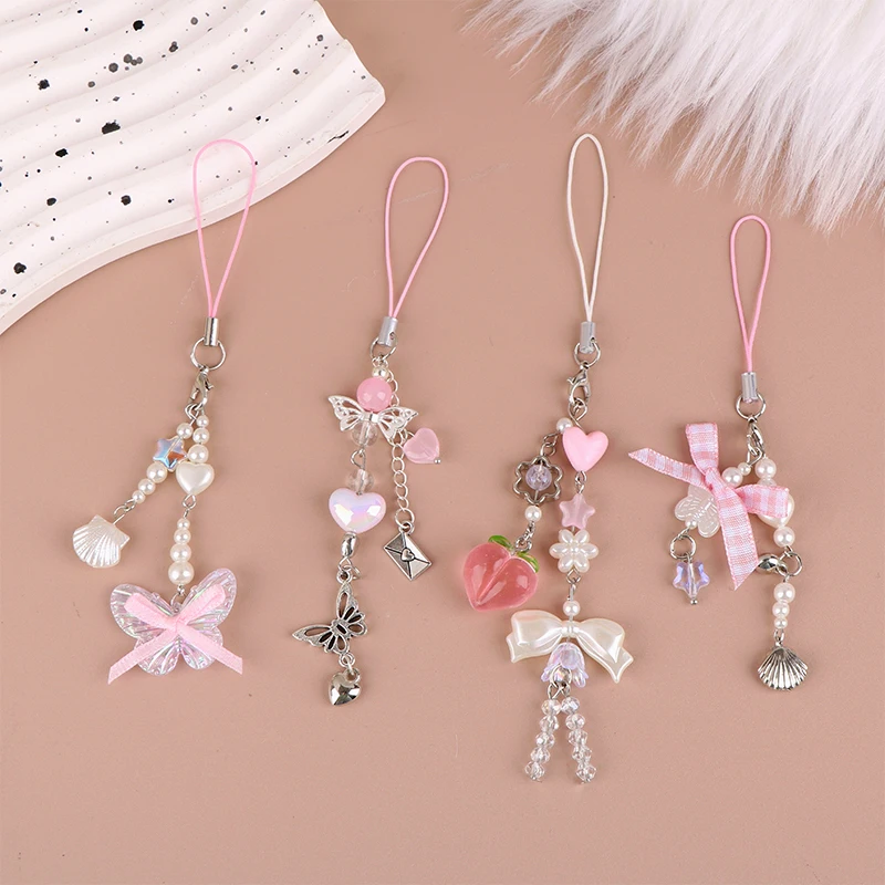 Sweet Peach Bowknot Phone Chain Shell Heart Pendant Earphone Case Hanging Rope Anti-Lost Lanyard Strap Bag Decor