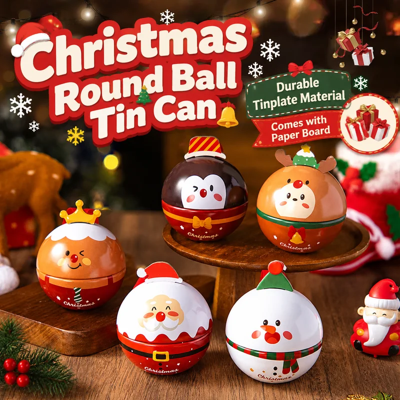 Christmas Round Tin Box Cartoon Santa Snowman Reindeer Penguin Candy Storage Jar Xmas Tree Hanging Decor Holiday Gift Container