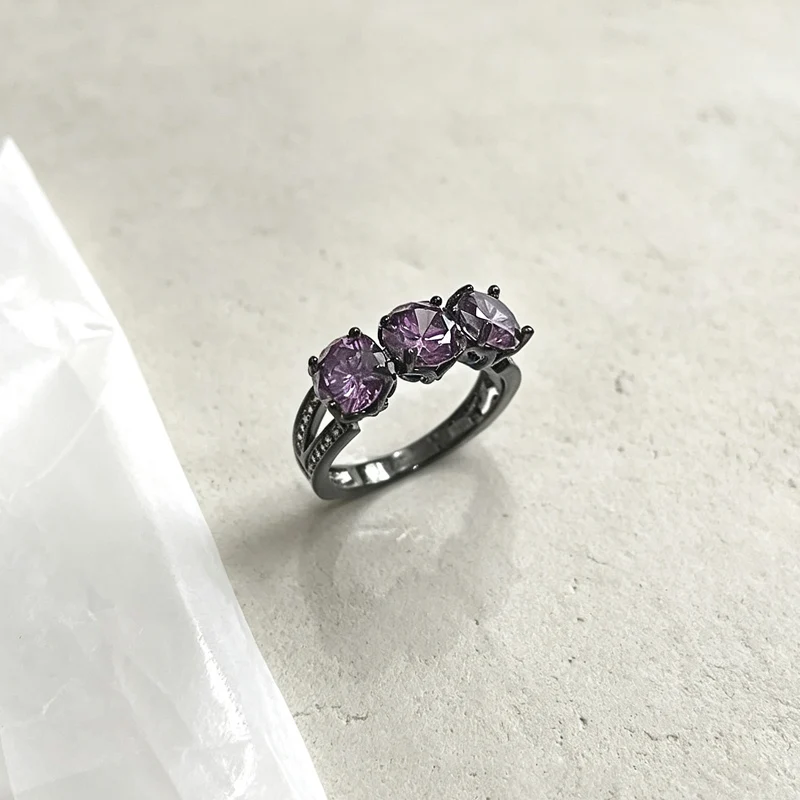 Dark Gothic Tri-Stone Purple Cubic Zirconia Ring Irregular Rhodium Plated Cocktail Band Women Party Aesthetic Jewelry
