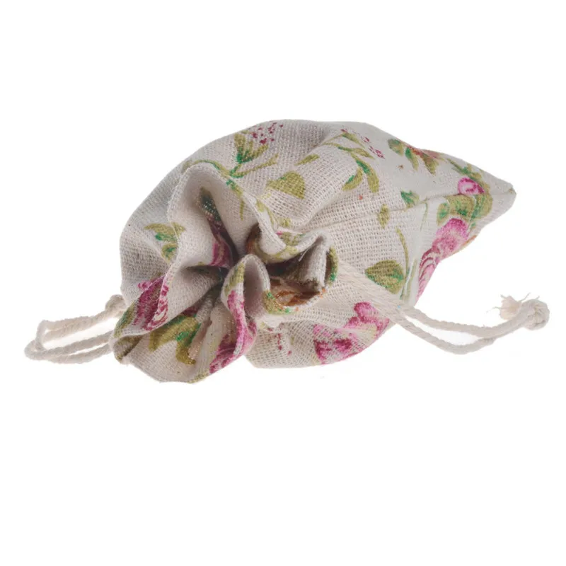 50Pcs/lot Rose Flower Printing Cotton Linen Drawstring Pouch Wedding Candy Gift Packaging Bags Valentine's Day Gift Wrapping Bag