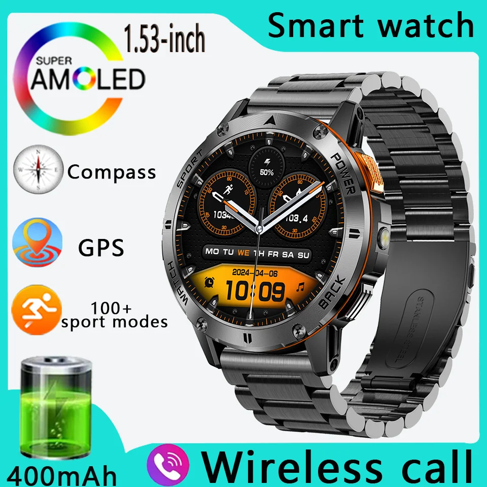

Смарт-часы 2026 с аккумулятором 400 мАч, водонепроницаемые IP68, с фонариком, пульсометром, спортивным трекером, Bluetooth-звонками, HD-экраном, GPS для мужчин