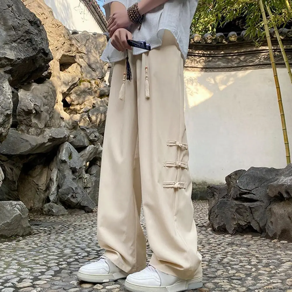 Men Sweatpants Chinese Style Men's Pants with Tassel Knot Decor Wide Leg Design Elastic Waist Retro Inspired Solid Color