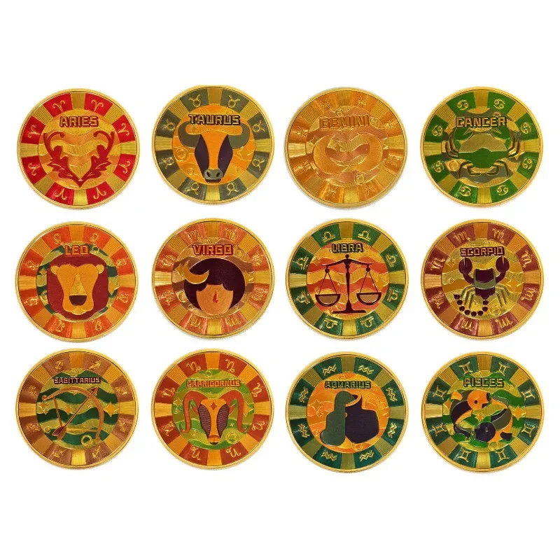 12 Zodiac Signs New Colorful Commemorative Coin Gold Plated Die Cast Metal Medal Badge Collectible Souvenir Gift Box Set