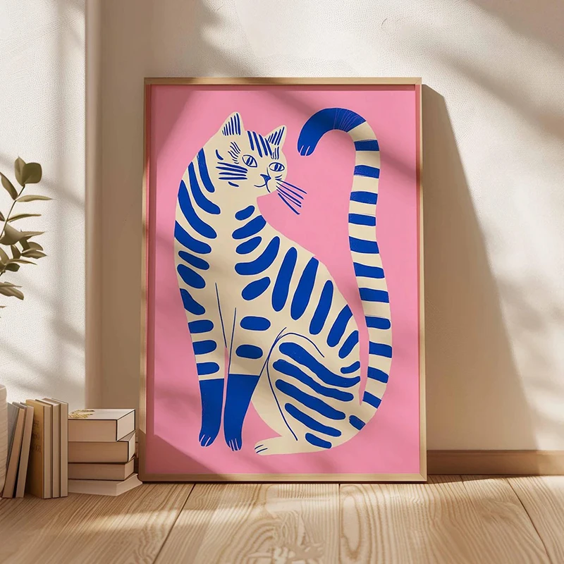 Modern Striped Cat Art Print Colorful Pop Art Poster Canvas Wall Art Funny Animal Bedroom Wall Decor Kids Room Decor
