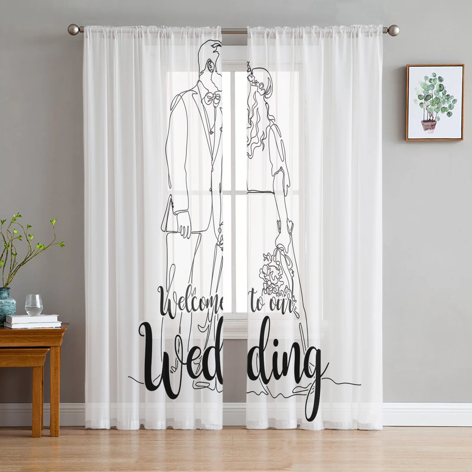 

Wedding Line Couple Chiffon Sheer Curtains For Living Room Bedroom Kitchen Decoration Window Voiles Organza Tulle Curtain