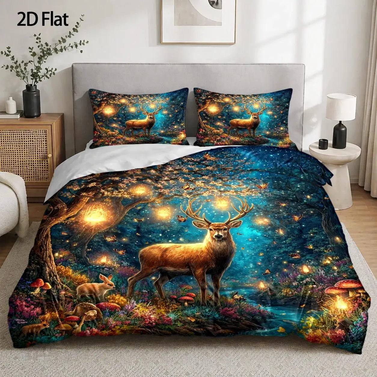 3Pcs Christmas Dreamy Reindeer Duvet Cover Set with 1Pc Duvet Cover and 2Pcs Pillowcases Bedding Accessories Quilt Cover