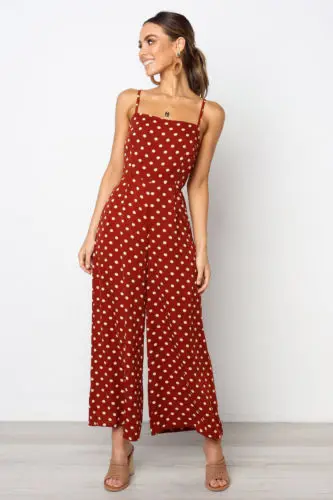 

New Fashion Women Summer Long Jumpsuit Polka Dot Printed Sling Hollow Back Bow Romper Slim Top Wide Leg Long Pants Jumpsuit