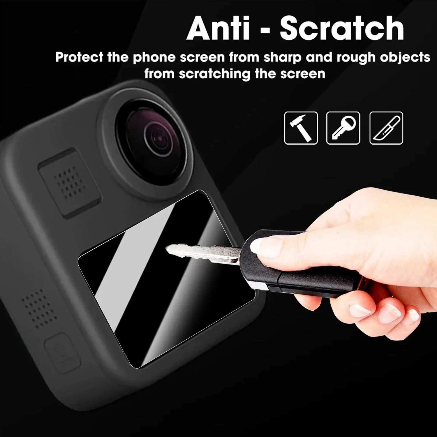 Łatwa w montażu folia ochronna na ekran GoPro Max 2, przezroczysta, odporna na zarysowania, szkło hartowane z zestawem do automatycznego ustawiania.