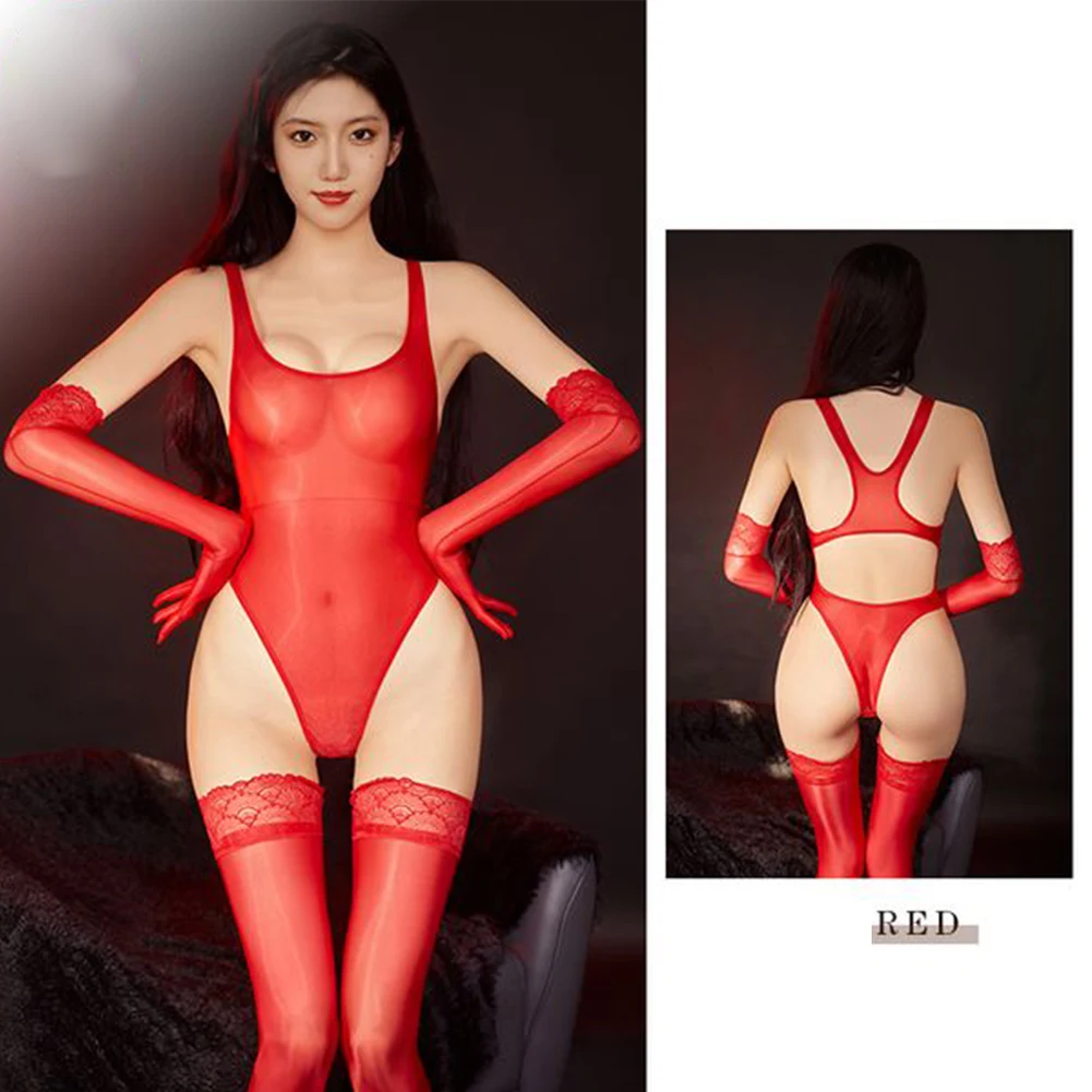 

Sexy Bodysuit See-Through Lingerie Women High Cut Leotard Lingerie Oily Glossy Jumpsuit Adult Female Costumes Erotic Apparel