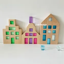 Large Dutch Wood House with Lucite Cube Acrylic Building Blocks Birthday Gift Montessori Educational Wooden Toys for Children