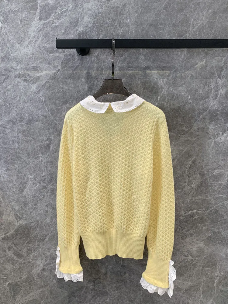 Women Sweater Long Sleeve Yellow Pullover Basic tops Causal cashmere Lace Sweater Soft Jumper V-neck chic Tops