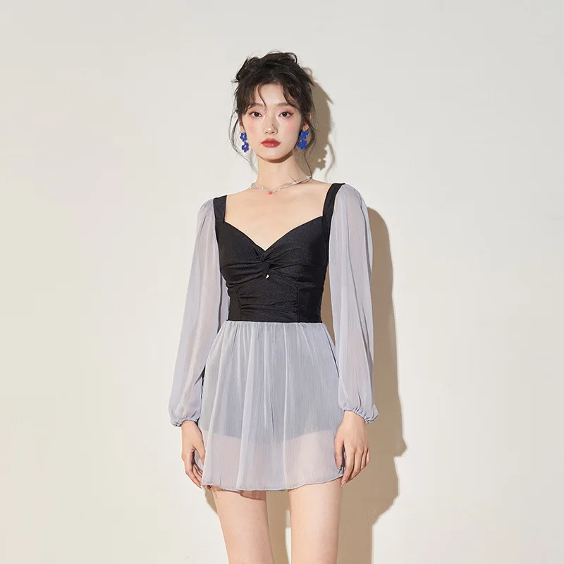 Wisuwore 2023 New Korean Ins Long-sleeved One-piece Swimsuit Conservative Skirt Style Cover Belly Show Small Chest Swimming Suit