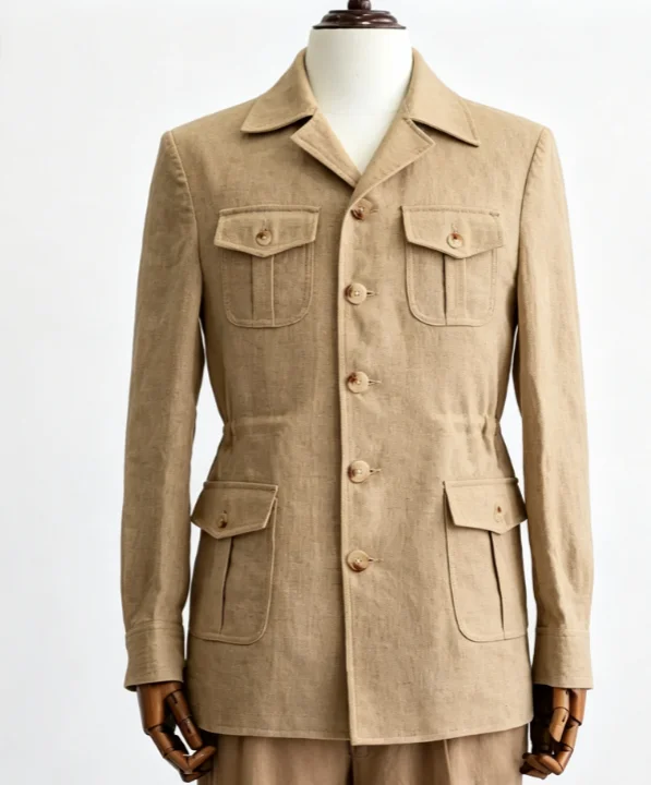 2 Pieces Natural Beige Linen Safari Jacket Men Suit Belted Waist Four Multi Pocket Blazer Khaki Pants Office Casual Customized