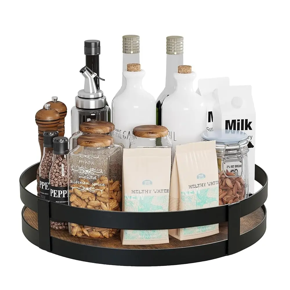 

11.8"" Lazy Susan Turntable Organizer For Cabinet, Rustic Wooden Storage With Metal Railing, Round Rotating Tray For
