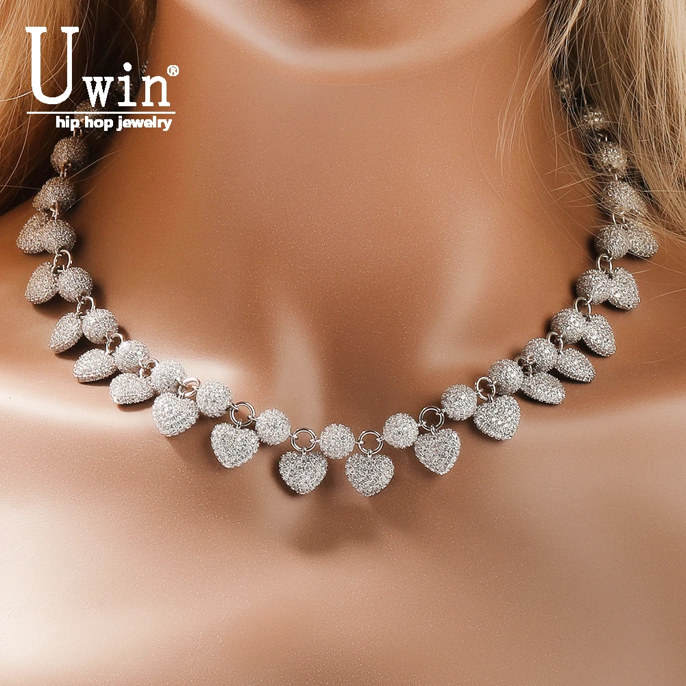 

UWIN 8mm CZ Beads Necklaces With Heart Charms Iced Out Bling Cubic Zirconia Necklaces For Women DIY Your Name Fashion Jewelry