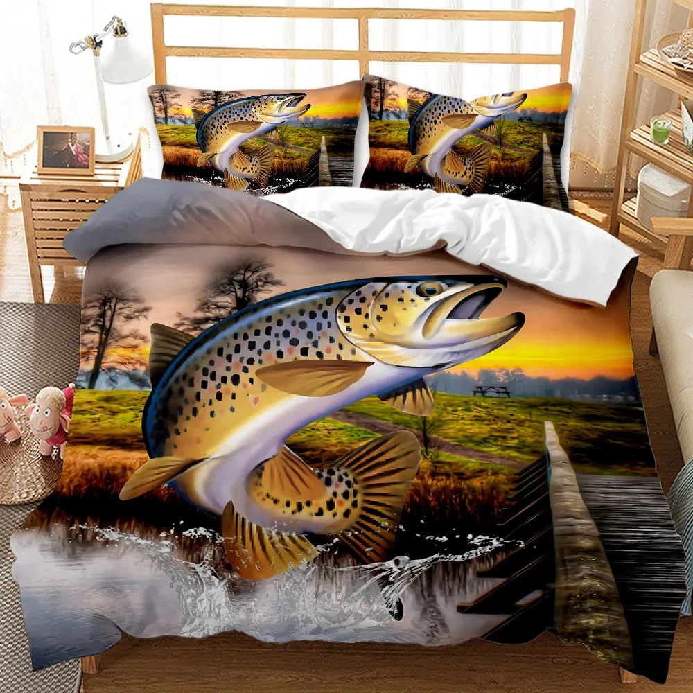 3D Print Big Pike Fishing Hunting Bedding Set Double Twin King Duvet Cover Comforter Pillowcase Boys Girls Adults Bedroom