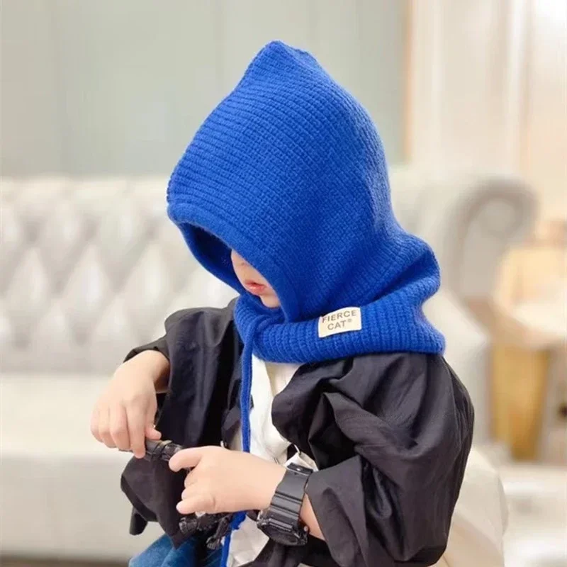 

Winter Balaclava Hats For Child Unisex Knitted Hooded Caps Outdoor Girls WarmDrawstring Hats One-Piece Neck Collar Beanies Cap