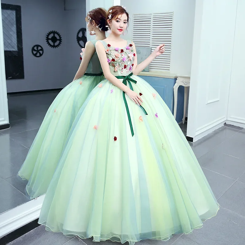 Green Ball Gown 3D Flower Quinceanera Dresses Luxury Appliques Floor Length Party Formal Dress Vintage Robe De Bal Vestidos