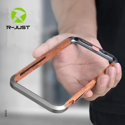 R-just Luxury Aluminum Metal Wood Bumper Phone Cases For Iphone 15 14 Plus 13 12 Pro Max Natural Wood Cover Case