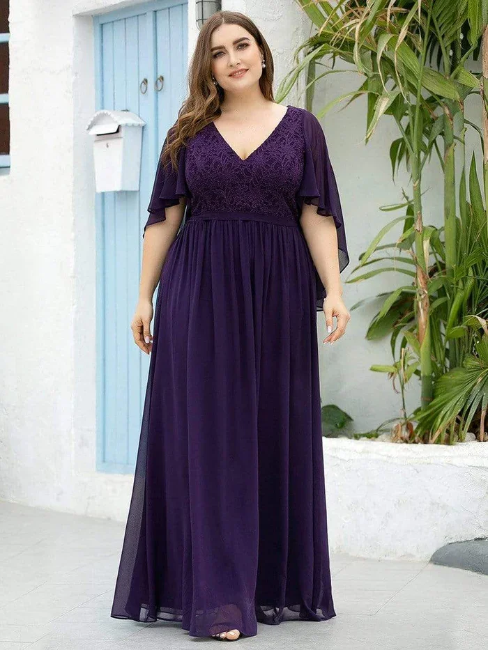 

Ever-Pretty Women's A-line Plus Size Deep V Neck Lace Bodice Long Flowy Shawl Chiffon Evening Party Dress