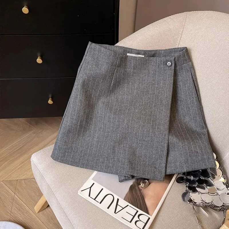 

New Elegant Striped Shorts Skirt Women Fashion High Waist Button Asymmetrical Mini Skirts Autumn Shorts Women's Clothing