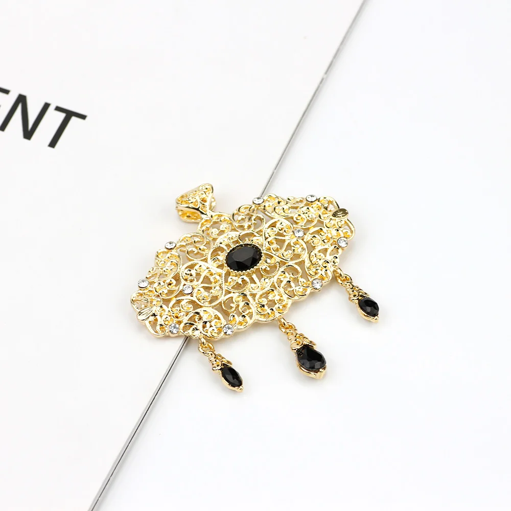 Sunspicems Gold color Morocco Brooch for Women Algeria Caftan Robe Tassels Brooch Arabesque Pins Ethnic Muslim Wedding Jewelry
