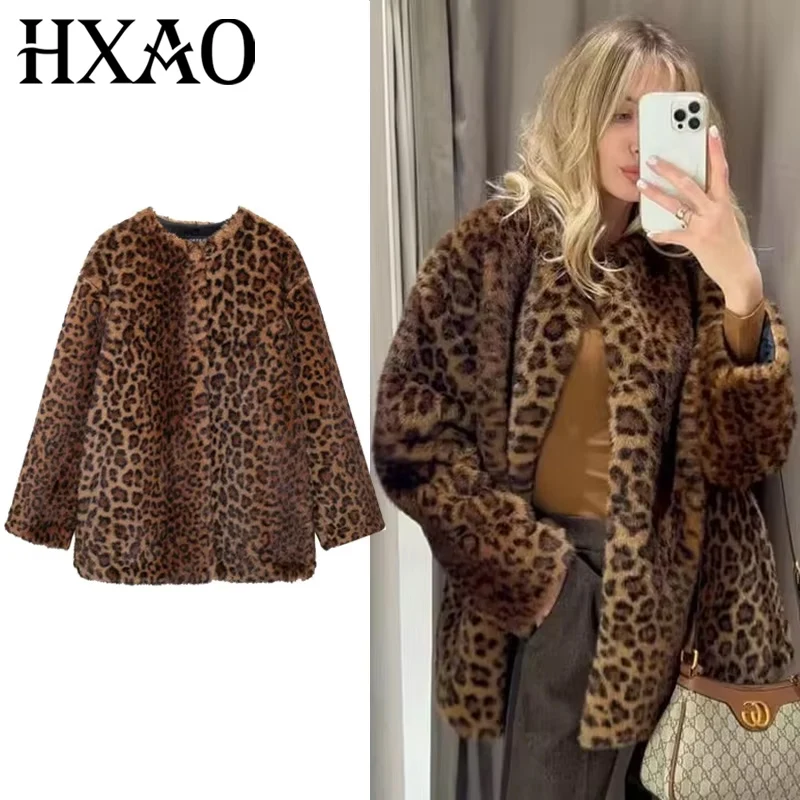 HXAO Parka's Damesjassen Winter Luipaard Nepbontjas Warm Vintage Herfst Pluche Jas Bovenkleding Harige jassen met lange mouwen Vrouw