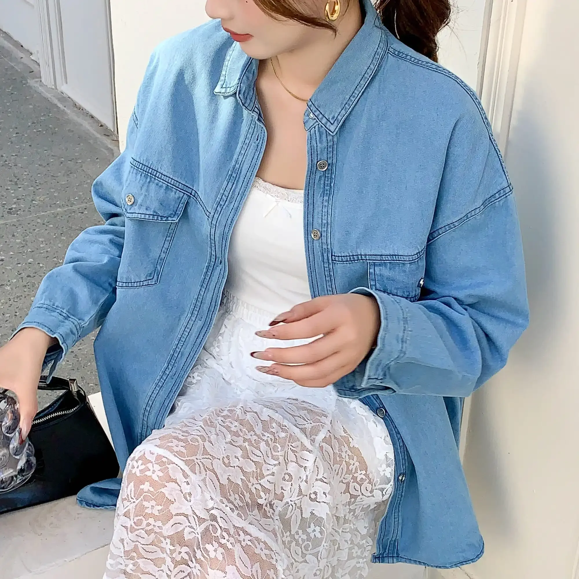 

SuperAen Spring New Korean Style Turn-down Collar Vintage Loose Denim Jacket Double Pockets Long-sleeved Casual Oversize Coats