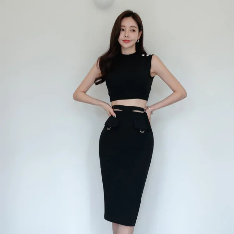 

Сексуальное облегающее платье и юбка с высокой талией, новый летний комплект 2024 года в корейском стиле, женский модный комплект из двух предметов