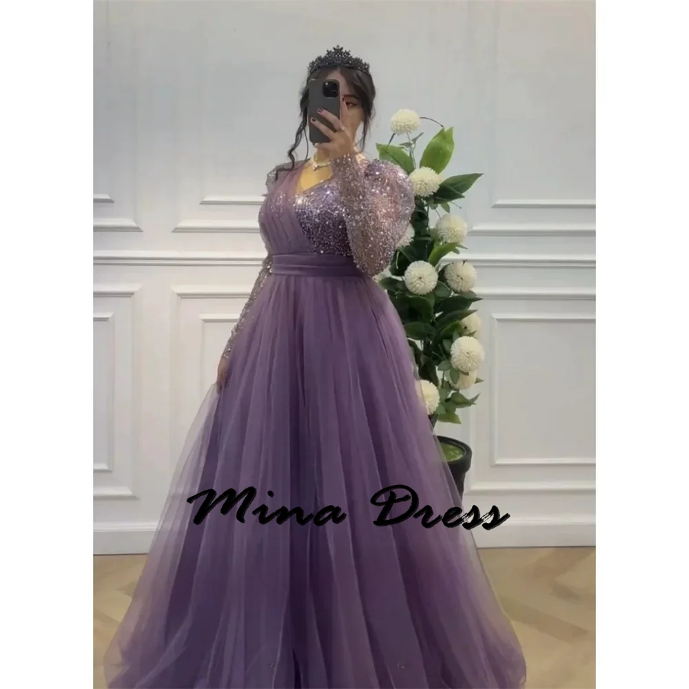 

Mina Customized Sequins Gala Dresses 2024 Round Neck Long Sleeves Wedding Dress Es Prom Dresses Sale Luxury Dress for Weddings