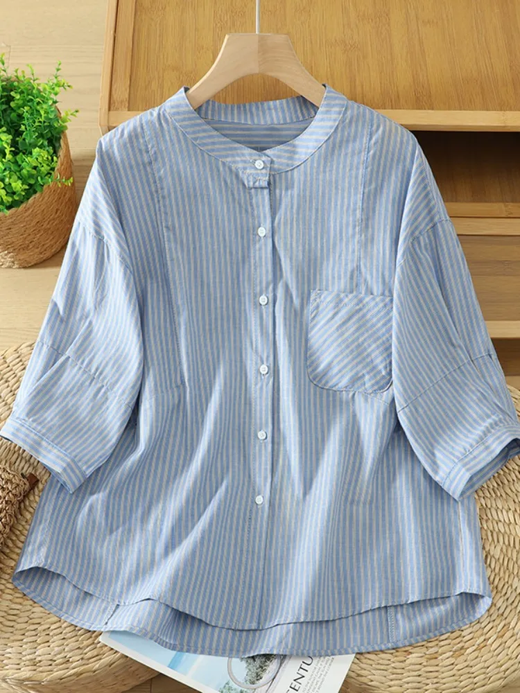 

Blue Striped Cotton Shirt Women's Summer Slimming Mid-Sleeve Pure Cotton Thin Top Quality Fashionable Japanese Style Blouse