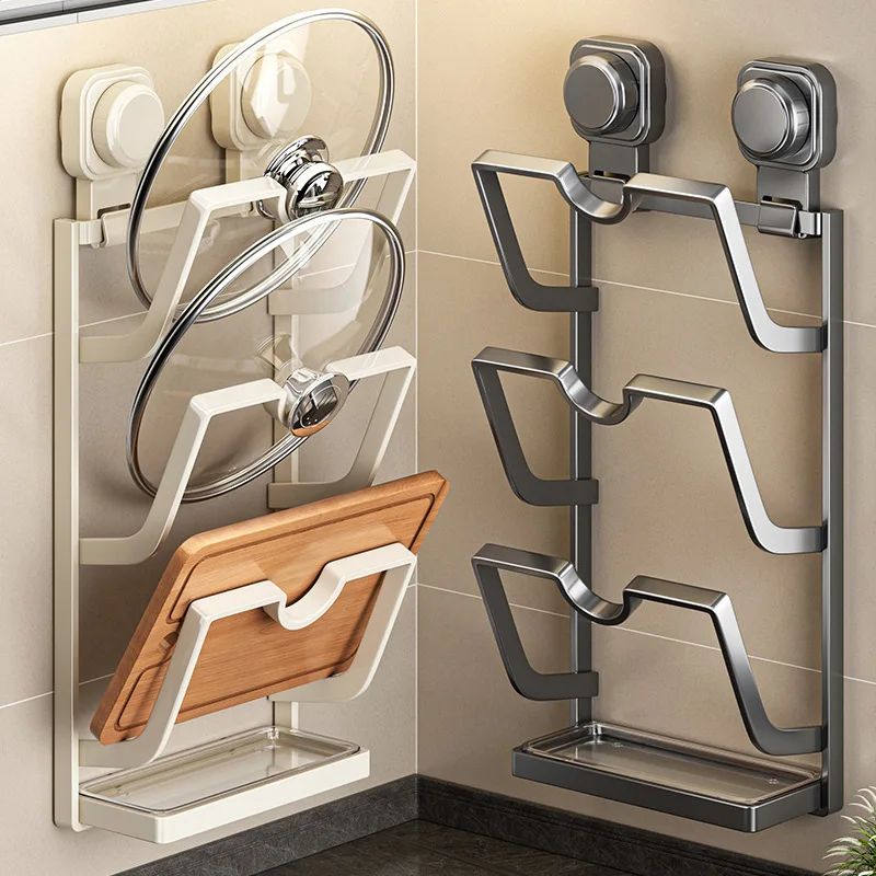 

Household Storage Cutting Board Rack Suction Cup Multi-function Pot Lid Rack Wall-mounted Punch-free Kitchen Storage Shelf