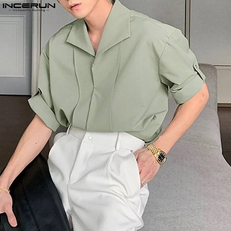 

Men Shirts Lapel Solid Color Fashion INCERUN Streetwear Male Tops Oversize Loose Summer Casual Male Shirts Men's Clothing S-5XL