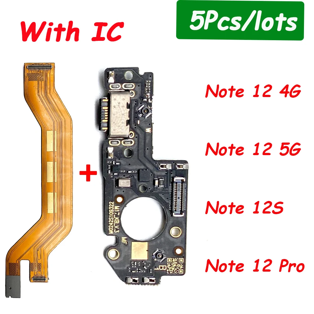 5Pcs，New USB Fast Charging Charger Main Motherboard Flex Cable For Xiaomi Redmi Note 12 5G 12S 12 Pro Plus Dock Connector Board