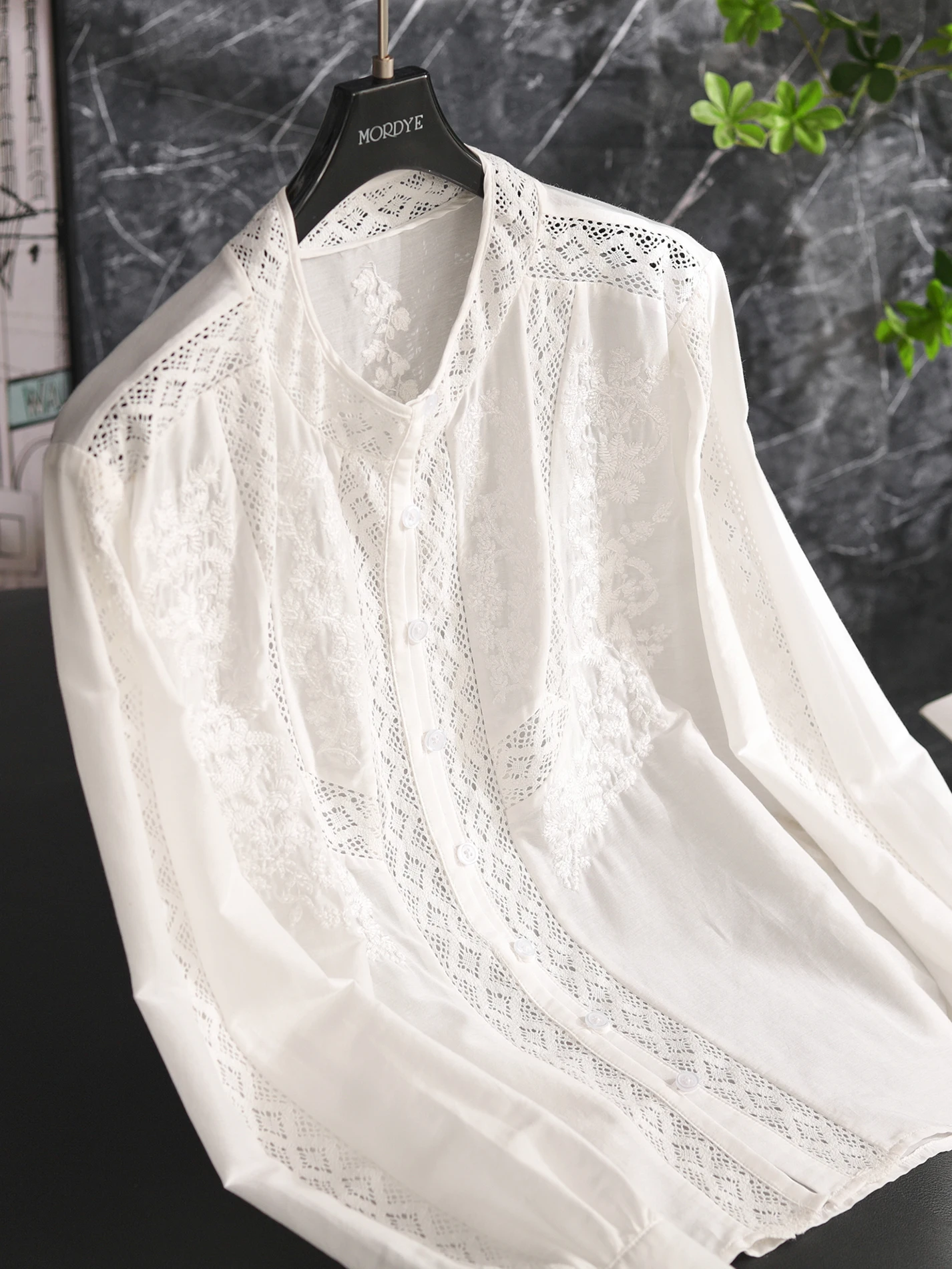 

French Women's Cotton irt Embroidered Lace Hollow out Stand Collar Base Layer Top Spring 2026 Original Design Loos...