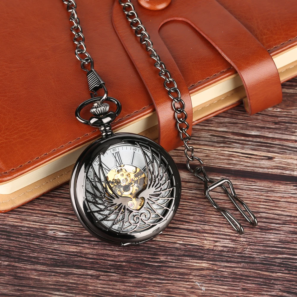 Vintage Black/Bronze Hollow Wings Pattern Mechanical Pocket Watch Men Luxury Pendant Pocket Clock Hand-Wind Movement Timepiece