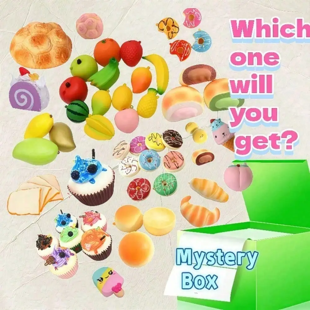 Caja Misteriosa Gigante de Juguetes de Compresión con Temática de Comida, Caja Sorpresa de Rebote Lento con Tostada con Mantequilla, Mango, Vaso de Helado y Paleta Gigante, Adorable Juguete Antiestrés para Regalos Sorpresa en Fiestas